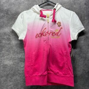 Y2K Ecko Red Peace Sign Short Sleeve Zip Hoodie Womens M Pink Ombre Rhinestone